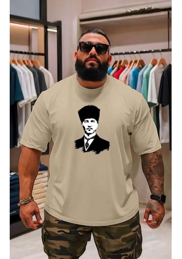 Atatürk Baskılı Oversize Unisex Tişört Bej