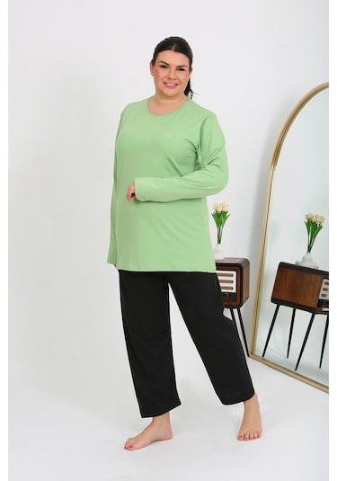 Akbeniz Kadın Büyük Beden Uzun Kol Penye Pijama Takımı Fıstık Yeşili 202408 Yeşil