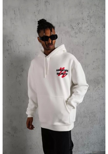 Erkek Şapkalı Güvercin Baskılı Kapşonlu Sweat - Beyaz Beyaz