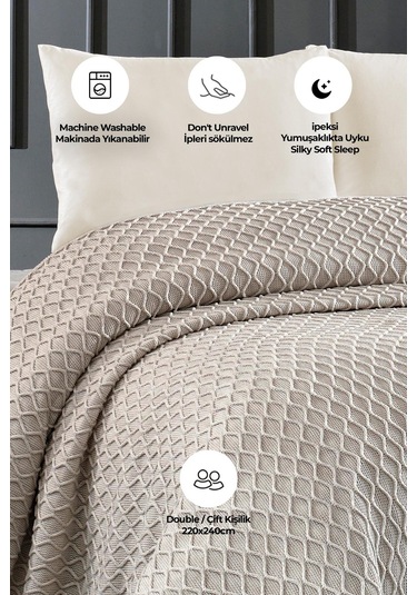 Akrilik Örgü Battaniye Çift Kişilik 220 X 240 Cm Yatak Örtüsü Pike Poly Bej