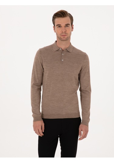 Cacharel Vizon Slim Fit Yün Karışımlı Polo Yaka Basic Triko Kazak Kahverengi