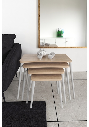 Selen 4lü Zigon Sehpa Ahşap Beyaz Ayaklı Salon Seti Çay Sehpası Sonomo