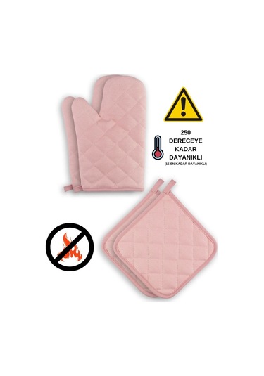Yanmaz Ve Isıya Dayanıklı Fırın Eldiveni Ve Tutacak 2 Eldiven, 2 Tutacak Pembe