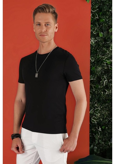 Slim Fit Bisiklet Yaka Düz Pamuklu Siyah Tişört Ts 823 Siyah