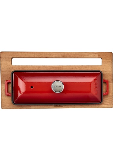 Lava Döküm Ekmek Tenceresi / Kayın Ağacı Servis Standı / Terrine Serisi. Ölçü 11x29cm. - Kırmızı