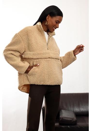 Camel Dik Yaka Peluş Mont Camel