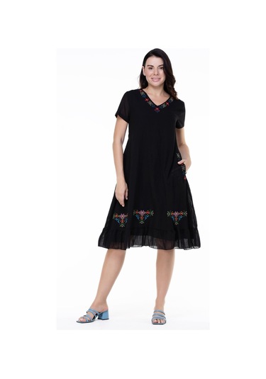 Kısa Kol Şile Bezi Mehtap Midi Boy Nakış Detaylı Elbise Siyah Syh-siyah Siyah