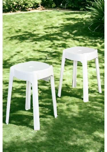 Kaymaz Ayaklı Dekoratif İç İçe Geçebilen Plastik Tabure Mutfak Bahçe Taburesi 4 Adet Beyaz Beyaz