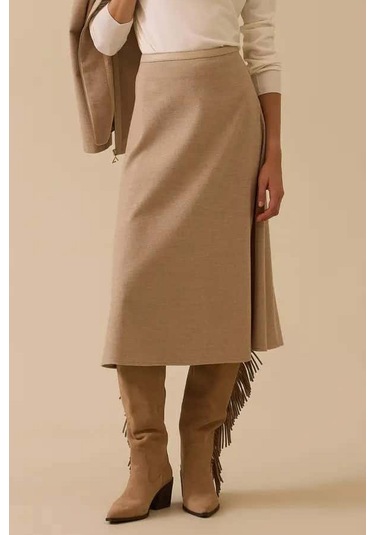 Kadın Suni Deri Biyeli Midi Etek - Bej Vizon