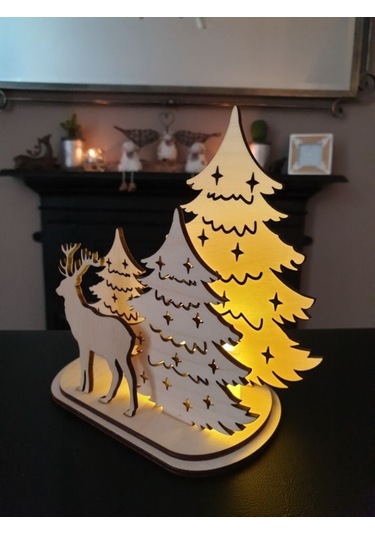 Ahşap Yılbaşı Ağacı Geyik Dekor Masaüstü Hediyelik- Işıklı - Ledli Işıklı