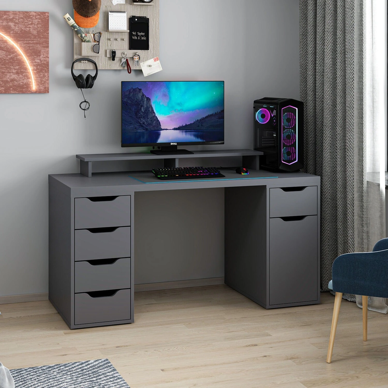 Alen 150 Cm 5 Çekmeceli Dolaplı Çalışma & Oyuncu Masası - Antrasit Siyah