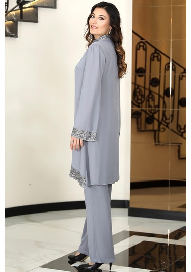 Umay Şifon Tunik Pantolon İkili Tesettür Takım Gri Gri