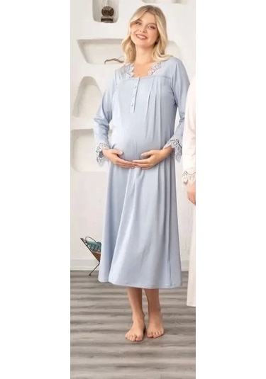 Bone 5911 Kadın Lohusa Müslim Yaka Gecelik Mavi