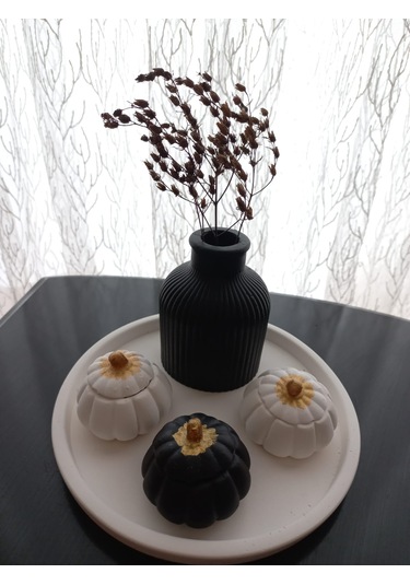 Tabakta 3'lü Mini Balkabağı Vazo Dekoratif Beyaz Siyah Set 03