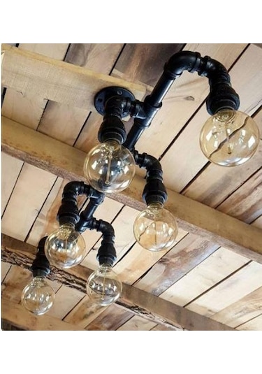 Demir Boru Sarı Ampulden, Endüstriyel Malzeme Rustik Avize Siyah