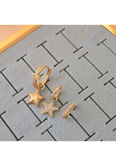 Taşlı Balon Yıldız Üçlü Çelik Küpe Gold