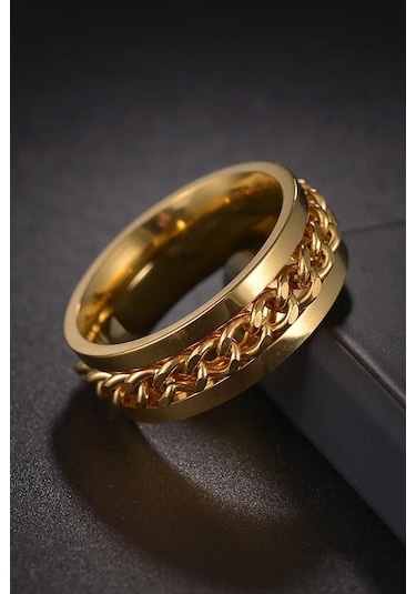 Ortası Dönebilen Zincirli Erkek Kadın Anti-stres Çelik Alyans Yüzük Cl43 Sarı