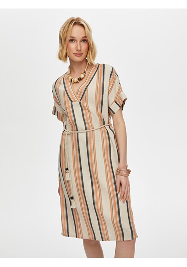 Çizgili Gömlek Yaka Kemerli Keten Karışımlı Elbise S25elb040 Us25elb04034 Bej