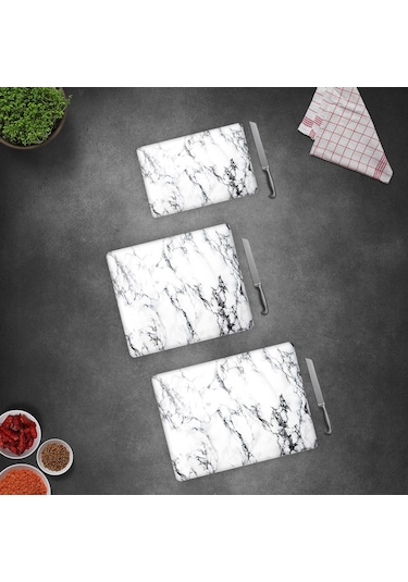 Decorita Cam Kesme Tahtası | Beyaz Mermer Görünümlü | 3'lü Takım
