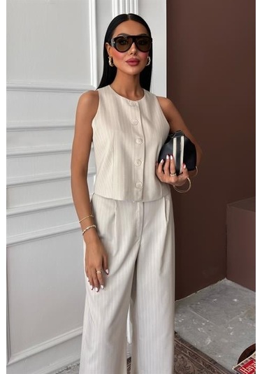Yelek Plazzo Pantolon Çizgili Flamlı Poliviscon Takım 10178 Vi Zon