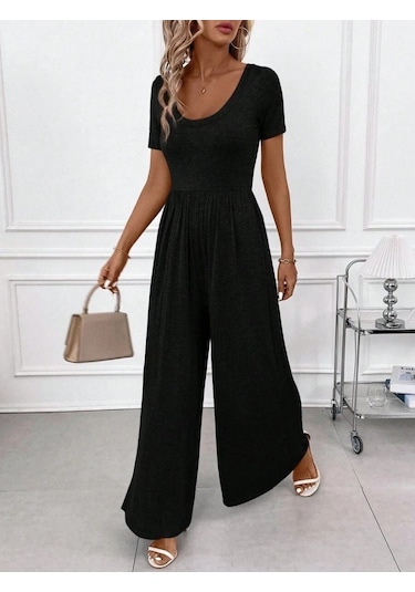 Soonaksesuar Kadın Kısa Kollu Yuvarlak Yaka Geniş Paçalı Bürümcük Tulum Siyah