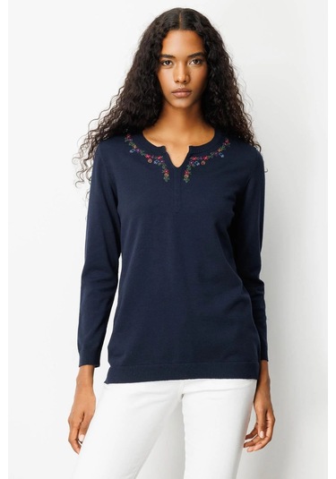 Desen Triko Kadın Sıfır Yaka Yakası Çiçek Nakış İşlemeli Bluz 25094 Koyu Lacivert Koyu Lacivert