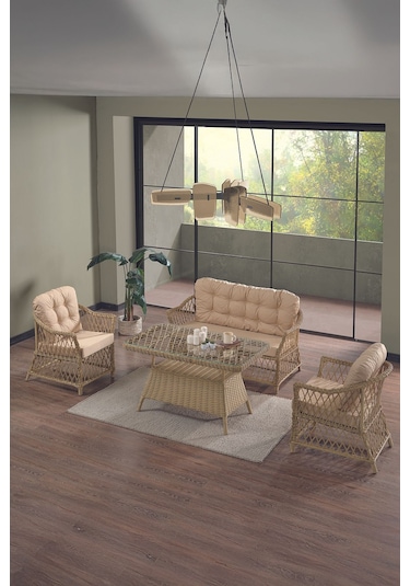Icon Rattan Bahçe Balkon Oturma Takımı 2+1+1+camlı Masa Cappuccino Cappuccino