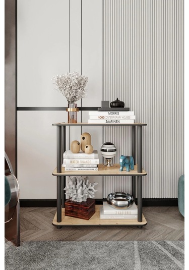 3 Katlı Dekoratif Diktörtgen Kitaplık Meşe Meşe