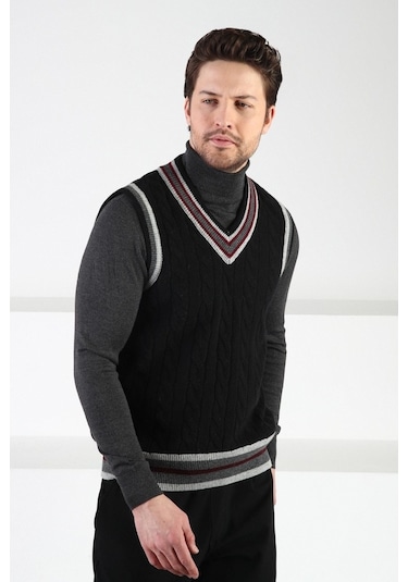 Ferraro Siyah Örgü Desenli V Yaka %100 Kuzu Yünü Erkek Süveter