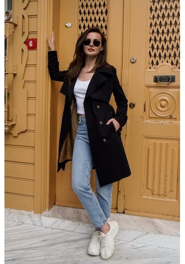 Pastelastore %100 Pamuk Gabardin Midi 95cm Astarlı Kemerli Kadın Trençkot 1113 Siyah