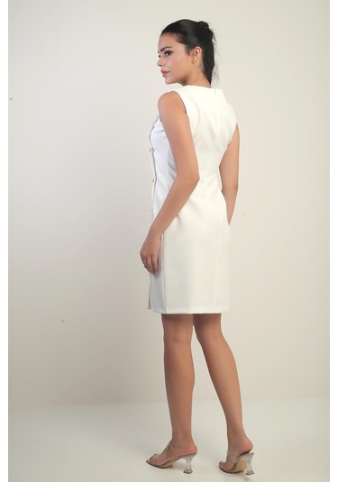 Kadın Kendinden Telalı Yan Düğmeli Kısa Elbise-41015 Ekru