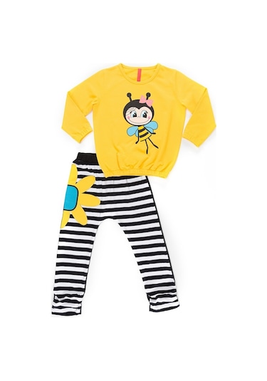 Denokids Bee Happy Kız Kadife Eşofman Takımı - Sarı - Siyah