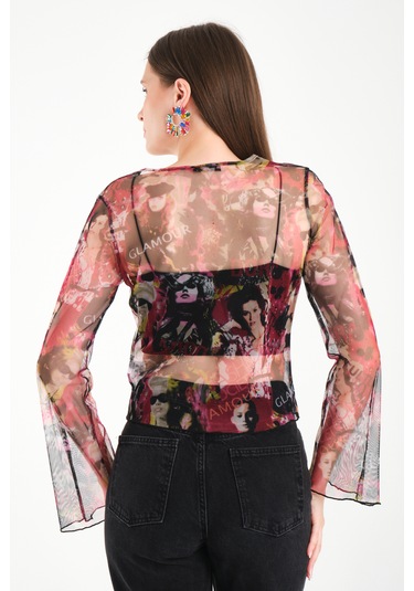 Önü Bağcıklı Tül Bluz Pembe