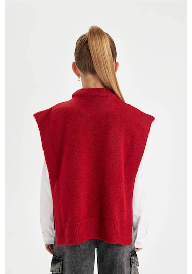 DeFacto Kız Çocuk Kırmızı Bisiklet Yaka Basic Düz Triko Süveter C9660A824WNRD63 Kırmızı