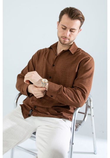 Rahat Kesim Keten Dokulu Gömlek Koyu Kahve