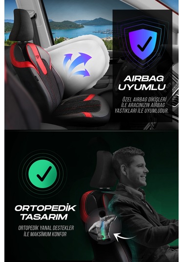 Siyah - Kırmızı Garni Panda Monte Carlo Serisi Velor Kadife Kumaş Oto Koltuk Kılıfı - Tam Set