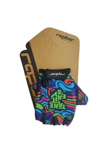 Raptor Çocuk Eldiveni Kısa Parmak Çocuk Bisiklet Eldiveni Silikon Jelli Take İt Easy Desenli M Beden