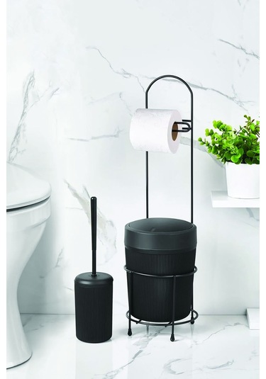 Metal Standlı Yuvarlak Kovalı & Kağıtlıklı & Fırçalıklı Siyah Banyo Takımı Çok Renkli