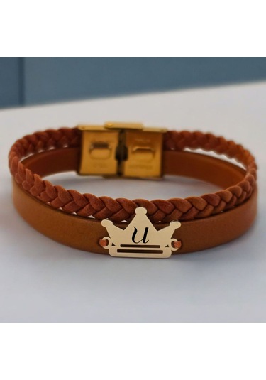 Archin U Harfine Özel Kahverengi Derili Taç Motifli 14 Ayar Altın Plakalı Hediye Bileklik-467harf U