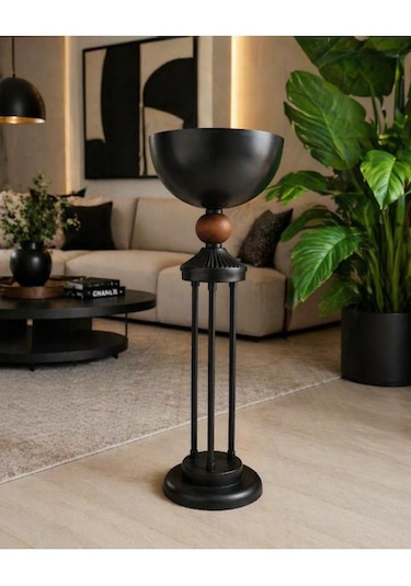 Ayaklı Kuru Çicek Saksısı Siyah Statik Boyalı Ahşap Top Detaylı 20-25 cm