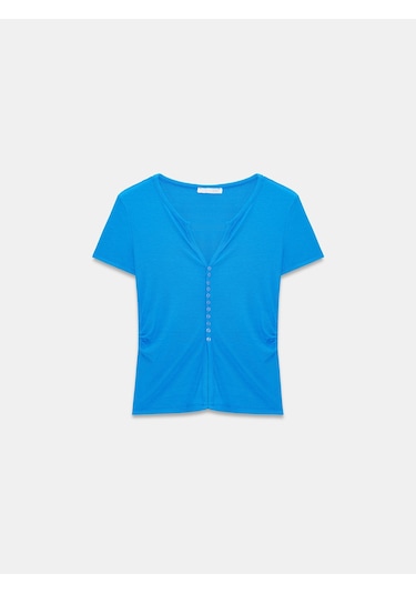 Dilvin 31838 Düğmeli Kısa Kollu Top-saks Saks