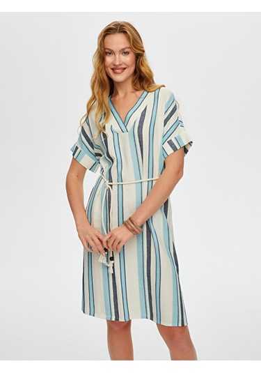 Çizgili Gömlek Yaka Kemerli Keten Karışımlı Elbise S25elb040 Us25elb04027 Indigo