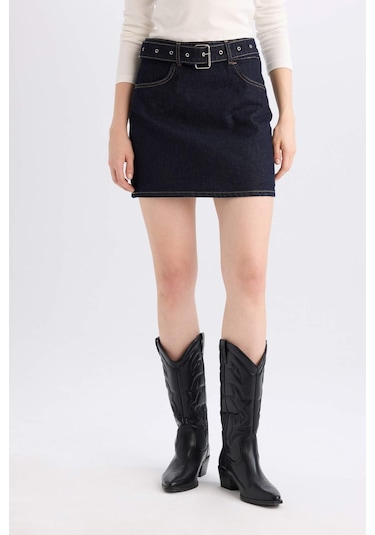 Defacto Fashion Fit Soluk Efektli Cepli Kemerli Jean Mini Etek D5831AX24WNNM34 Mavi