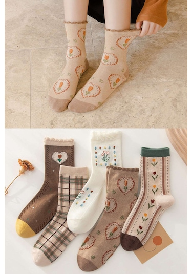 5 Çift Kadın Çiçek-kalp Desenli Çorap Çok Renkli