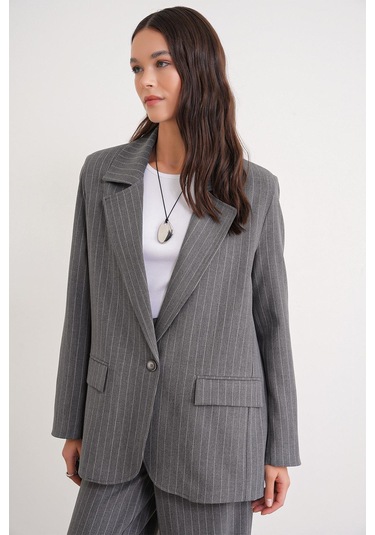 4753 Kadın Çizgili Oversize Blazer Ceket Gri Gri