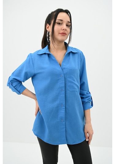 Koza Butik Kadın Keten Cep Detaylı Gömlek 1732-24 001