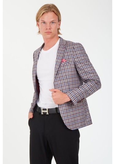 Sposo 5138 Dar Kalıp Kare Desenli Bordo Erkek Blazer Ceket Bordo