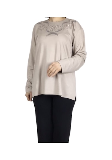 Kadın Yakası Taşlı Likralı Büyük Beden Bluz Arpbattal1 Krem