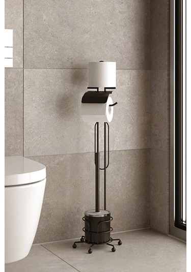 Banyo Tuvalet Fırçalığı Tuvalet Kağıdı Askısı Yedekli Ayaklı Siyah Siyah
