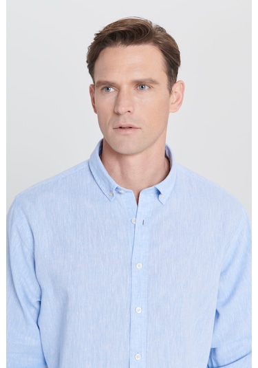 Erkek Mavı Comfort Fit Rahat Kesim Düğmeli Yaka Keten Gömlek Mavi